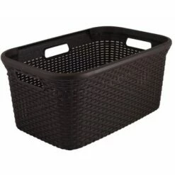 CURVER Panier à Linge 45L Style -Bac à Linge Propre Et Sale - Aspect Rotin Texturé - Bonne Aération - Poignées Ergonomiques - Corbeille Pour Salle De Bain Ou Buanderie - 59,2x38x27 Cm - Chocolat - Gris