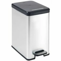 CURVER Slim Bin - Poubelle Rectangulaire à Pédale, 25L - Fermeture Douce - Aspect Métal - Pour Cuisine, Bureau, Salle De Bain - 39,3 X 25 X 45,4 Cm -Gris -Recyclé - Gris