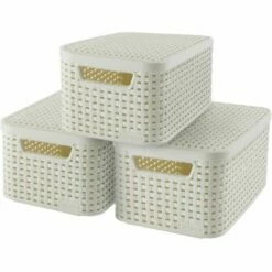CURVER Lot 3 Boîtes De Rangement Décoratives Style 6L - Pour Ranger Le Salon, La Chambre, La Salle De Bain Ou Le Bureau - 28,5 X 19,4 X 13 Cm - Blanc - Gris