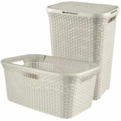 CURVER Coffre à Linge 60L Et Panier à Linge 45L Style - Bac à Linge Sale Avec Couvercle - Aspect Rotin Texturé, Bonne Aération - Poignées Ergonomiques - Pour Salle De Bain Ou Buanderie - Anthracite - Gris