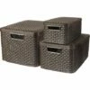 CURVER Lot De 3 Boîtes Avec Couvercle - 3 Caisses (6L+18L+30L) Avec Un Design Rotin Tressé Pour Salle De Bain, Chambre, Bureau - Poignées Ergonomiques - Marron Foncé - Gris