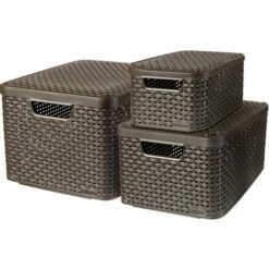 CURVER Lot De 3 Boîtes Avec Couvercle - 3 Caisses (6L+18L+30L) Avec Un Design Rotin Tressé Pour Salle De Bain, Chambre, Bureau - Poignées Ergonomiques - Marron Foncé - Gris