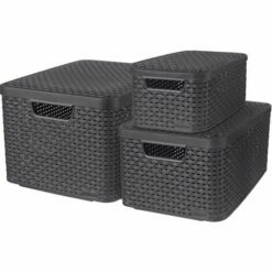 CURVER Lot De 3 Boîtes Avec Couvercle - 3 Caisses (6L+18L+30L) Avec Un Design Rotin Tressé Pour Salle De Bain, Chambre, Bureau - Poignées Ergonomiques - Gris Foncé - Gris