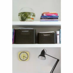 CURVER Lot De 3 Boîtes Avec Couvercle - 3 Caisses (6L+18L+30L) Avec Un Design Rotin Tressé Pour Salle De Bain, Chambre, Bureau - Poignées Ergonomiques - Gris Foncé - Gris -Promos Curver Magasin 19353738 4